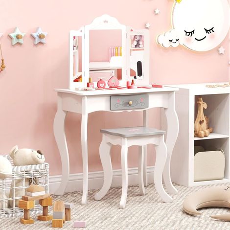 Goplus – Coiffeuse enfant 2 en 1 avec 3 miroirs amovibles – Table de maquillage en bois avec tiroir – 10 accessoires inclus – Blanc