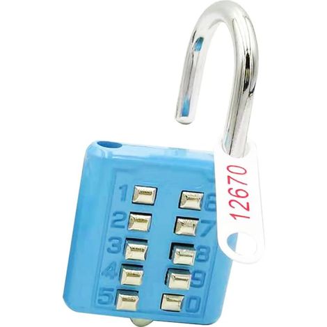 Cadenas en acier inoxydable à combinaison 10 chiffres avec bouton, serrure sans clé + pour salle de sport, vestiaire, buanderie, antivol (bleu) - (1/5)