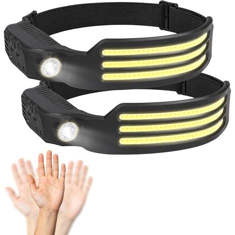 Linterna frontal recargable Deecam (paquete de 2), 3 LED blancos con sensor de movimiento, batería de 2000 mAh, 5 modos de iluminación para acampar, correr, hacer senderismo y pescar. (1/5)