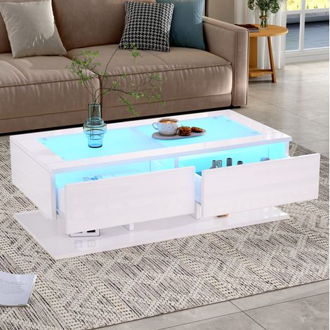 Table basse 100x50x35 cm blanche en panneaux de particules avec verre trempé, 2 tiroirs et éclairage LED