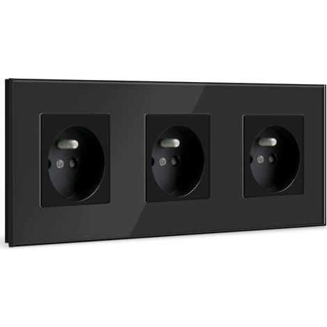 Prise Murale Triplée 16A - Verre Trempé - 235x80mm - Noir (1/4)