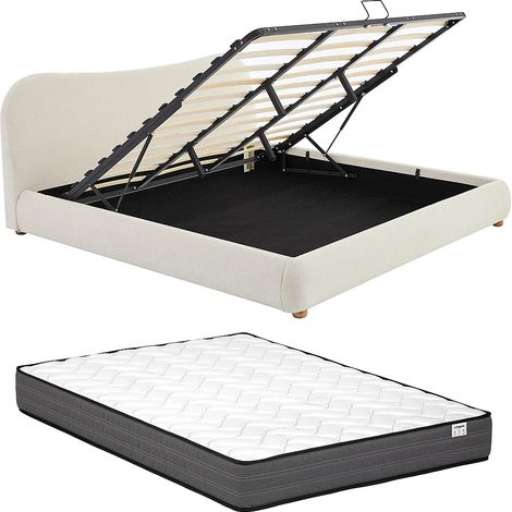 Lit coffre 180 x 200 cm - Tissu bouclette - Blanc + Matelas - VANARI (1/5)