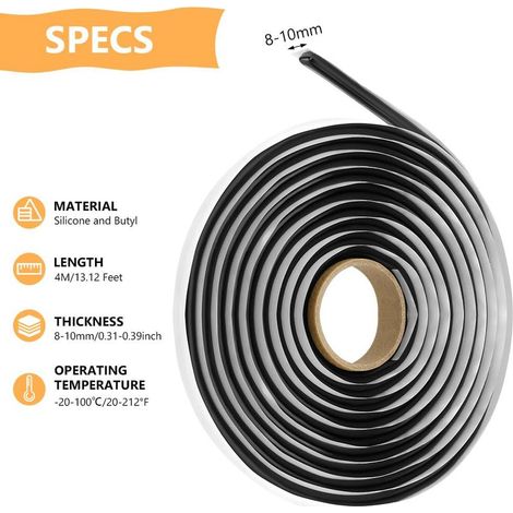 Butyl-Dichtungsband, 10 mm x 4 m, wasserdichtes Gummidichtungsband für Leckagen, Reparatur von Auto-, LKW-, Fenster-, Tür- und Wohnmobilfenstern sowie Windschutzscheiben, Scheinwerfern und Dächern (1/5)