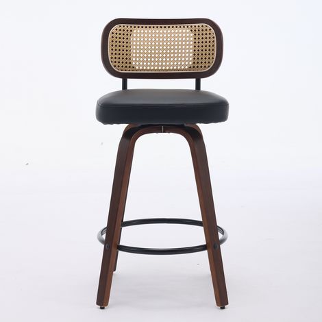 Lot de 3 tabourets de bar pivotants 66 cm en rotin noir, assise rembourrée cannage, dossier haut, finition noyer, pour îlot ou comptoir (Noyer Noir)