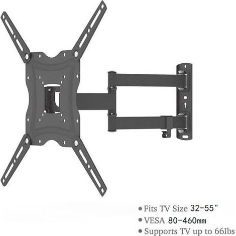 Support TV mural réglable 32-55' – Rotatif avec niveau à bulle – Charge max 30 kg – Inclinaison -15° à 15° – Acier laminé à froid (1/5)