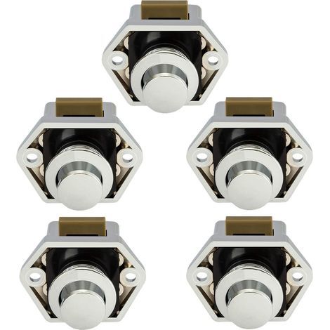Bouton Poussoir - Serrure Porte Armoire Tiroir RV Caravane Bateau Yacht - 5 Pièces Chromé - Diamètre Trou 20 mm - Épaisseur Tableau 14 à 16 mm (1/5)