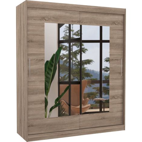 Armoire de chambre moderne bois truffe 2 portes coulissantes avec miroir Rozika 180cm (1/4)