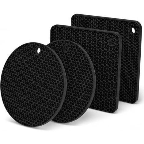 4 Pcs Dessous de Plat en Silicone(2 Circulaire+2 Rectangulaire), sous Plat de Table Chaud(Noir), pour Casseroles et Poêles Chaudes (1/4)