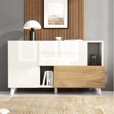 Sideboard 130x40x70 cm Weiß und Eichefarben aus Spanplatte mit Hochglanz und Stauraum (1/5)