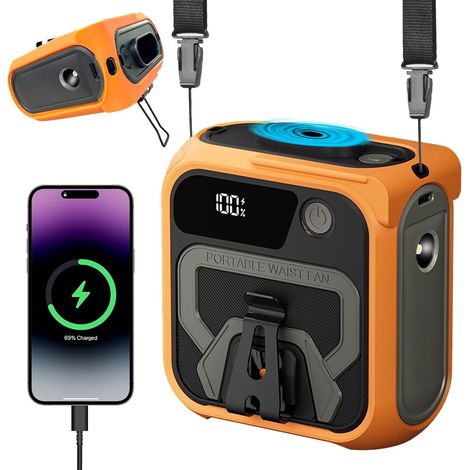 10000mAh Size Portable Clip Fan with 5 Speeds Rechargeable Hands Free for Belt,Camping (Orange) (1/5)