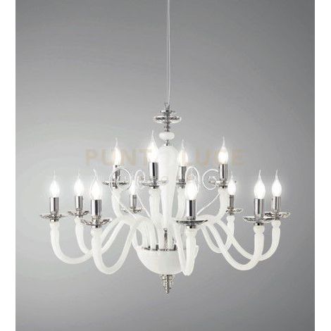 LAMPADARIO DEBUSSY 12 LUCI BIANCO SATINATO CROMO ATTACCO E14 D.84CM