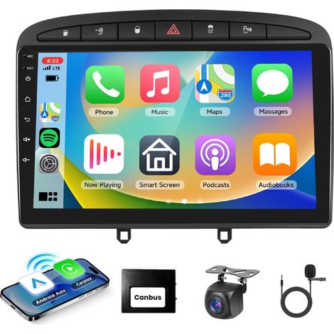 Carplay-Autoradio für Peugeot 308/408 2007–2013, 9-Zoll-Autoradio mit Touchscreen und kabellosem A-pple Carplay Android Auto, Bluetooth/GPS/WiFi/FM/RDS/SWC/HiFi/USB + Rückfahrkamera