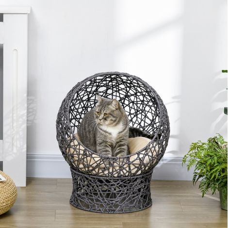 Cestino per gatti elevato 50x50x60 cm, rifugio chiuso, cuscino incluso, poliestere grigio (1/5)