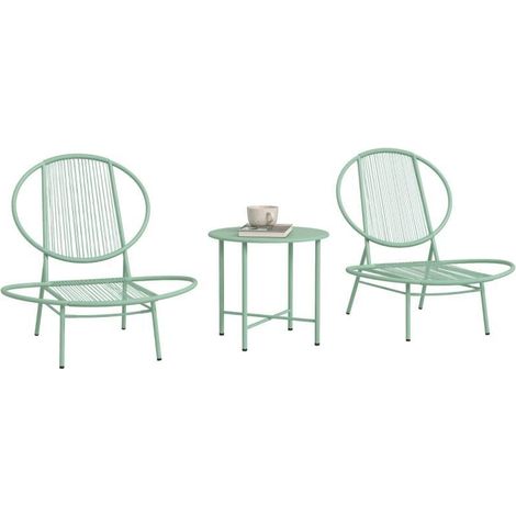 Ensemble bistrot trois pièces en rotin synthétique résistant aux intempéries. Table et chaises forme coquillage, couleur verte pour extérieur