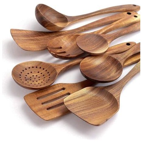Wooden Kitchen Utensils - Premium 8 Piece Kitchen Set - Easy to Clean Teak Wood Utensil Set - Lightweight, Heat Resistant, Durable & Anti-Scratch Material (1/5)