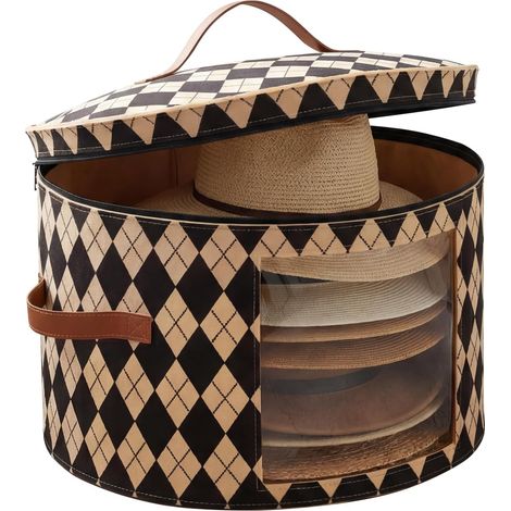 Boîte à chapeaux ronde avec couvercle - 43 x 26 cm - En feutre - boîte de rangement avec fenêtre transparente - 2 poignées en cuir - 2 fermetures éclair - Motif losanges - Pliable (1/5)