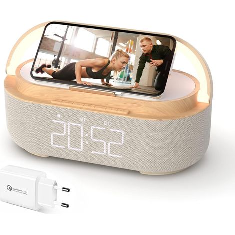 Alarm Clock Radio Bluetooth Speaker Wireless Charging with Lamp Multifunctional Charging Station with USB Charger Port, Bluetooth Speaker, Lamp with Mobile Phone Holder (1/5)