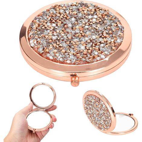 Doppelseitiger Kosmetikspiegel – 1 Stück – Metall und Kristall – 2-fache Vergrößerung und faltbar – Ideal für Handtasche und Reisen – Roségold, 70 mm (1/5)