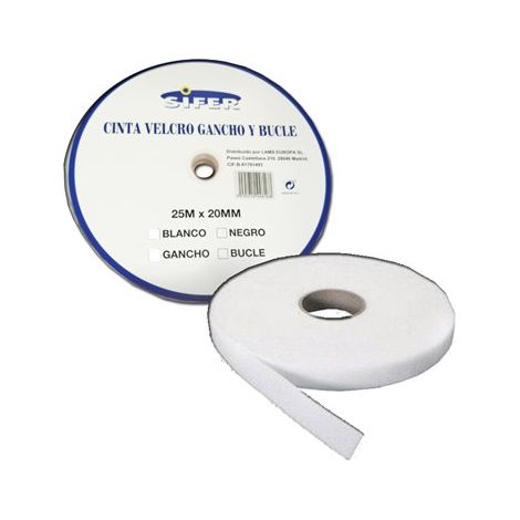 Cinta velcro adhesiva SIFER macho/gancho blanca 25 m x 20mm