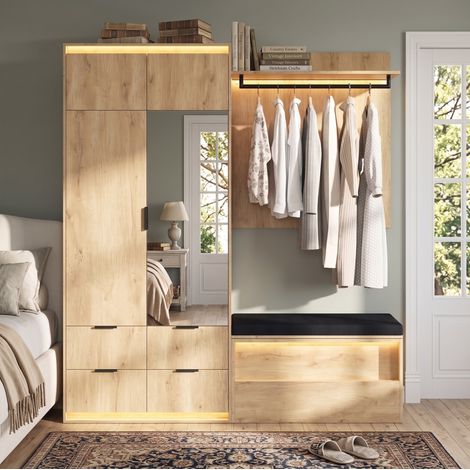 MODFU – Set vestidor de entrada 180x47x200 cm de MDF con espejo, banco, LED, 4 cajones y 2 barras – Roble/antracita (1/5)