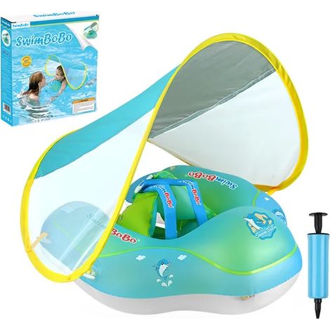 Bouée Bébé Piscine avec Pare-Soleil UPF 50+, Anneau de Natation Gonflable (12-36 Mois) - Double Airbag Réglable, Taille L, Bleu (1/5)