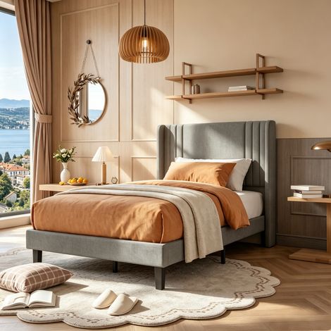 Lit 90x200 simple pour Adultes, lit deux personnes, lit capitonné, Lit rembourré 1 places en lin, gris, MDF, sans matelas, mobilier de chambre moderne (1/5)
