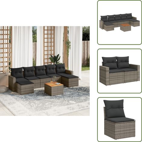 The Living Store 8-tlg. Garten-Sofagarnitur mit Kissen Grau Poly Rattan - Gartenmöbel Set - Lounge Möbel - Rattan Gartenmöbel - Outdoor Möbel - Balkonmöbel