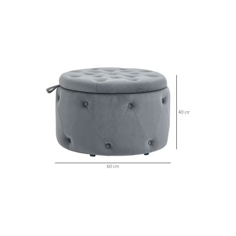Pouf coffre rond gris aspect velours avec couvercle et assise rembourrée, Ø60 x 40 cm pour salon, chambre et entrée (1/5)