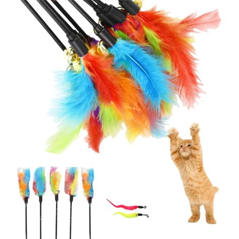 Jouet Chat Interactif Intérieur - Plume Colorée à Tige Courte, Bâton Interactif avec 2 Jouets De Ver pour Chats et Chatons (1/5)
