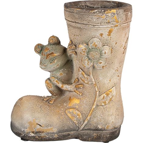 Pot de fleurs décoratif en forme de botte 30 cm en magnésium marron avec grenouille - PANGIVO