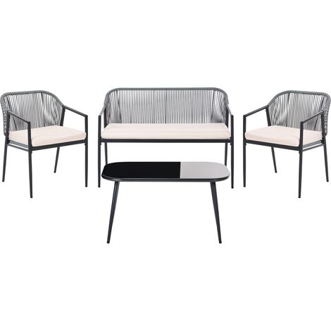 Conjunto de jardín 4 plazas ratán sintético estructura de metal cojines de tela con fundas extraíbles sillones sofá y mesa negro Flero (1/5)