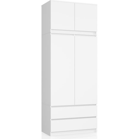 Akord – Armoire surmeuble 90 cm 2 portes 2 tiroirs – Panneau stratifié blanc – 6 étagères – Hauteur 234 cm – Pour chambre ou bureau (1/5)