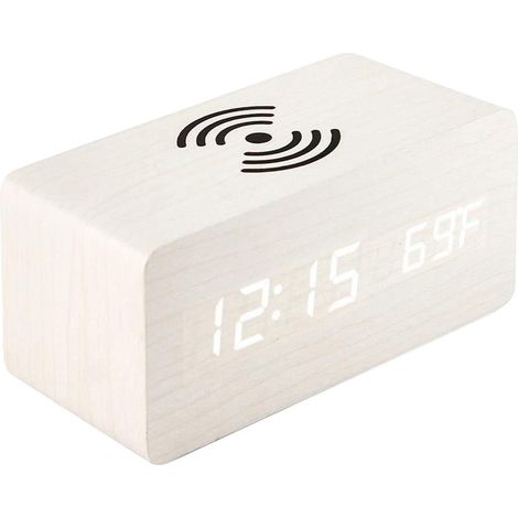 Horloge Numérique En Bois - Réveil Électronique Avec Chargeur Sans Fil - Affichage Température Et Heure - Pour Table De Nuit Ou Bureau - 1 Pièce (1/4)
