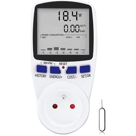 Wattmètre, Prise Compteur d'Énergie Numérique, Mesure Consommation Electrique, Prise Consommation d'Énergie avec 7 Mode et Lécran LCD, Prise Wattmetre, 16A Protection de Surcharge (1/5)