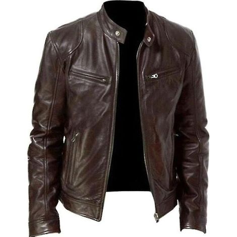 Veste de motard homme en similicuir, fermeture éclair, taille M, marron (1/3)