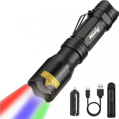 X004 4 Couleur Puissante Lampe de poche Multicolore LED Rechargeable Rouge/Vert/Bleu/Blanc Lampe Torche étanche Zoomable avec Batterie Lithium, Chargeur pour le Camping Randonnée Militaire (1/5)