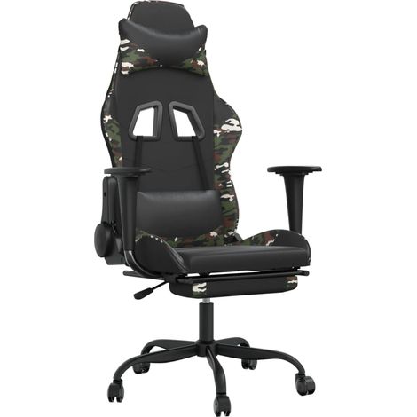 Fauteuil de bureau chaise gaming sur roulettes avec repose-pied noir et camouflage PVC vert DEC025763