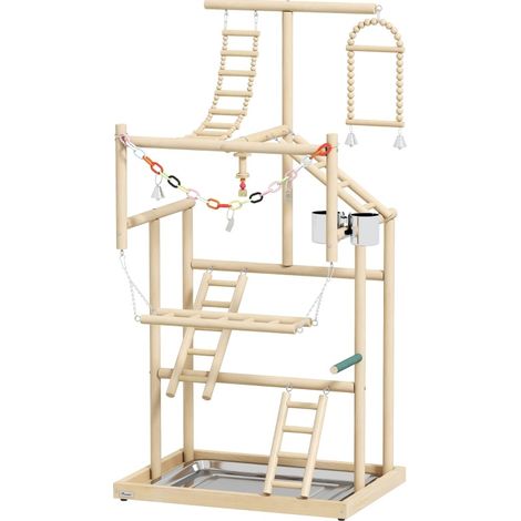 Soporte para pájaros de madera natural con 4 niveles y bandeja de acero inoxidable (1/5)