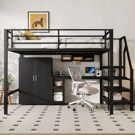 Lit mezzanine 140x200 cm, avec placard intégré, étagères multiples, échelle de rangement, bureau pratique, sans matelas, noir (1/5)