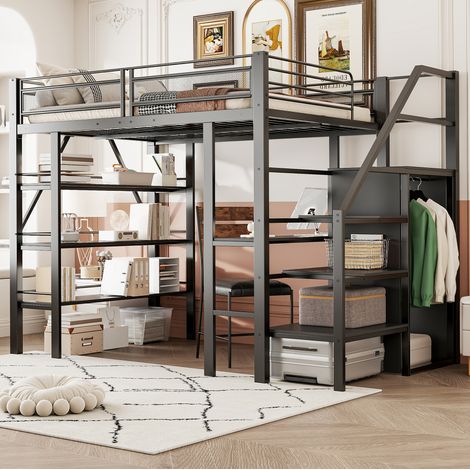 Letto rialzato adulti 140x200 cm con ripiano portaoggetti, scrivania, armadio aperto, scala portaoggetti, senza materasso, nero (1/5)