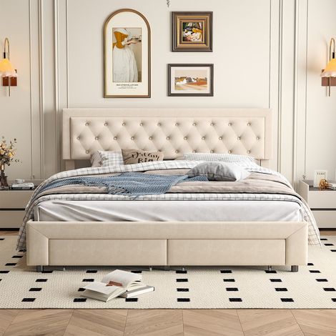 Lit double rembourré en velours 160 x 200 cm avec décoration de bouton, lit élévateur hydraulique avec espace de rangement, sommier à lattes, lit adulte, beige (1/5)