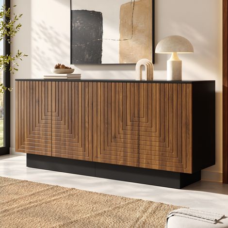 Credenza bassa 160 cm, 4 ante con frontali strutturati e ripiani fissi, mobile contenitore per soggiorno e sala da pranzo, nero e noce (1/5)
