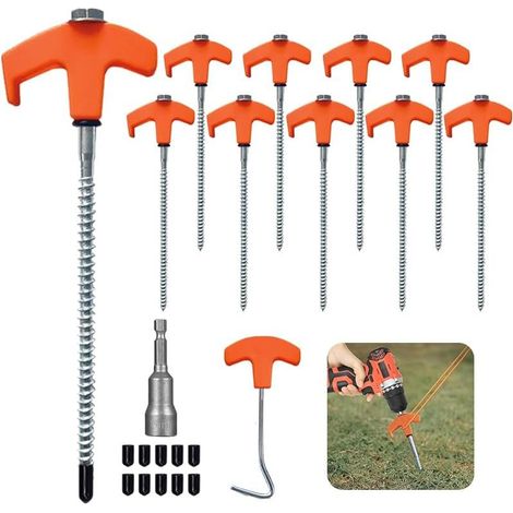 Lot de 10 Piquet De Tente a Visser, Piquets De Tente en Acier avec Filetage Et Support De Corde, Ancrages Au Sol à Visser Accessoires pour Tente, Piquet Auvent pour Le Camping pour Sol Dur et Bois (1/5)