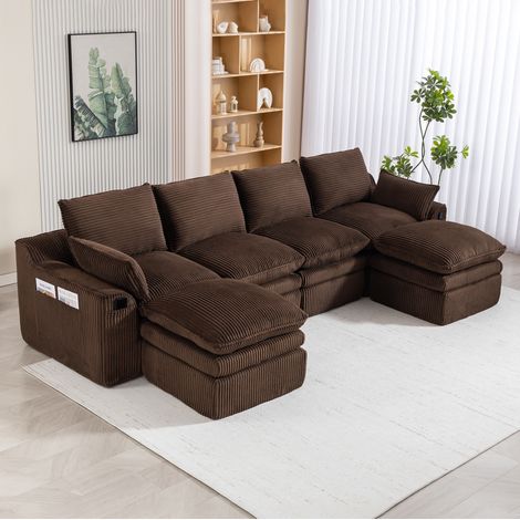 Divano modulare da 4 posti in velluto a coste (panno) con 2 pouf, cuscini e 2 tasche laterali, marrone, 335x167x85 cm (1/5)