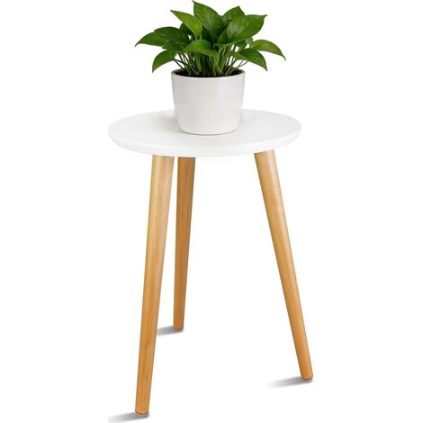 Support de Plantes en Bois Rond, Tabouret pour Plantes Blanc avec 3 Pieds, Support pour Pots de Fleurs 40 x 28 cm, Table d’Appoint Moderne pour Salon, Chambre, Balcon, Terrasse et Jardin (1/5)
