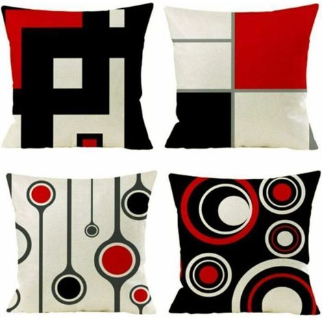 Housse de Coussin, Lot de 4 en Coton et Lin Moderne Noir Rouge Géométrique Modèle Décoratif Taie d'oreiller Décoration pour (1/4)