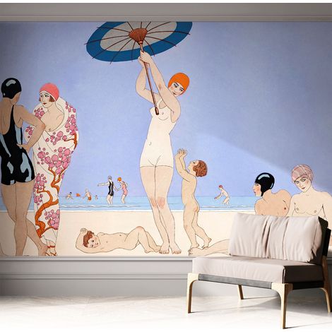 Papier peint adhésif décoratif pour salon chambre et cuisine Facile à poser avec colle Plage rétro 312x219 cm (1/5)