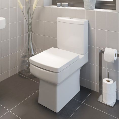 Close Coupled Bathroom Toilet White Ceramic WC 360mm Square Space Saving Pan with Soft Close Seat (1/5)