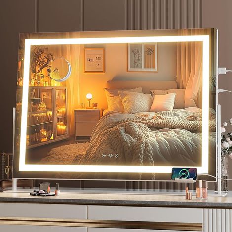 Hasipu Schminkspiegel mit Beleuchtung 75 x 54 cm, LED Kosmetikspiegel mit Handyhalterung und USB-Ladeanschluss, 360° Drehung Tischspiegel für Make-up Gerade Weiß (1/5)