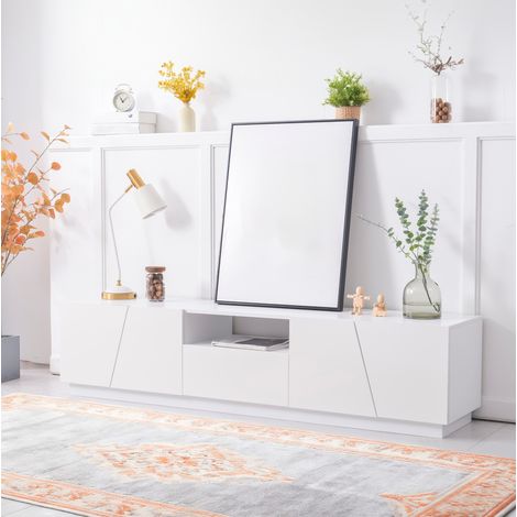 Mobile TV moderno 170 cm in MDF bianco con 4 ante, 2 vani a giorno e design diagonale irregolare, salvaspazio per il soggiorno, facile da montare CHICFURN (1/5)